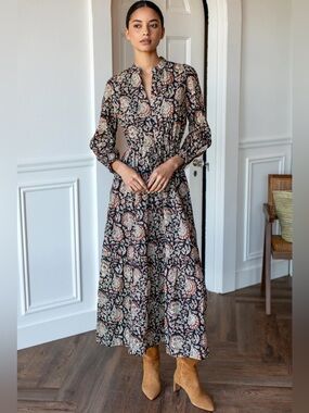 Emerson Fry Frances 3 Long Sleeve Maxi Dress Thalia Organic Block Print Sz XS